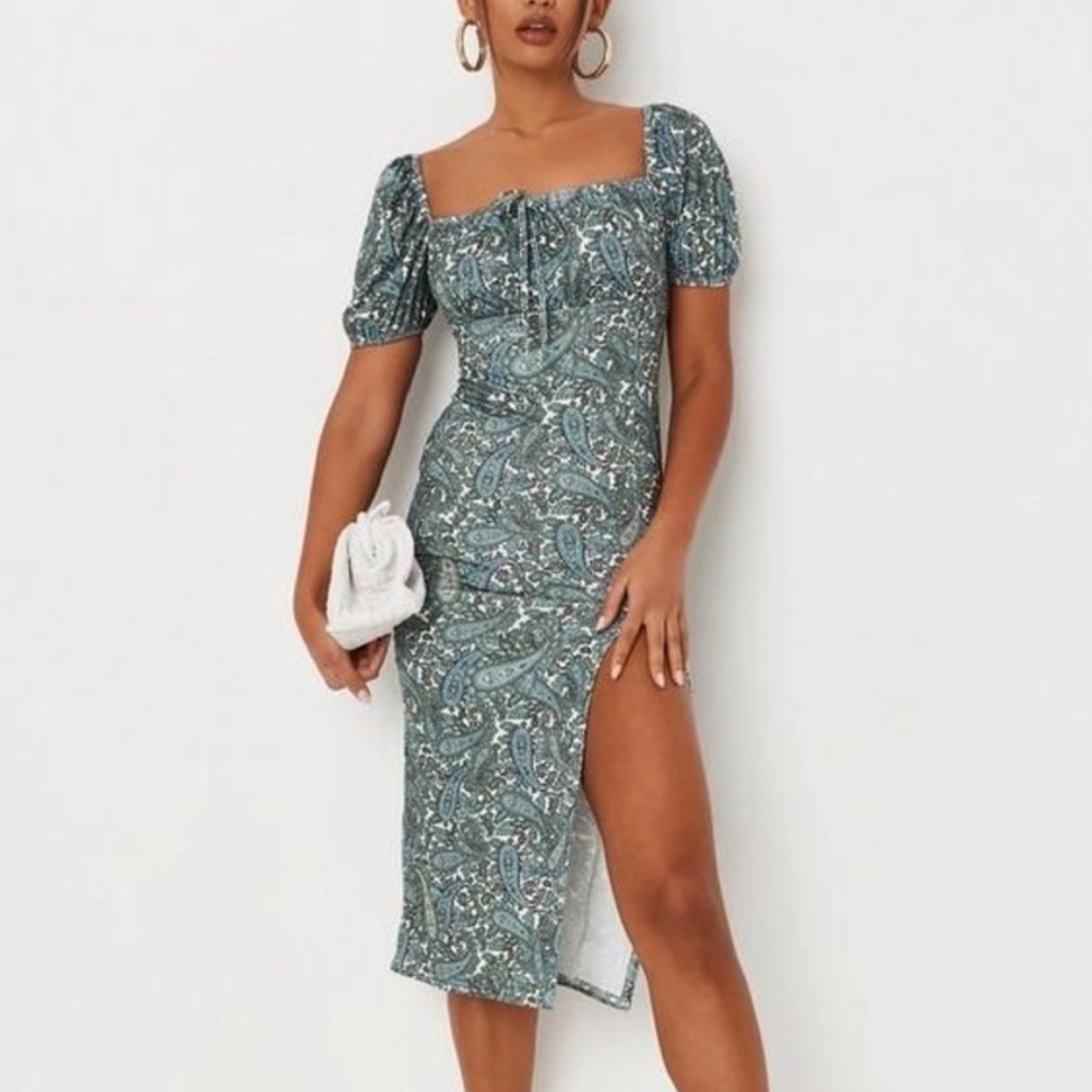 Missguided puff sleeve paisley midi slit dress size 6